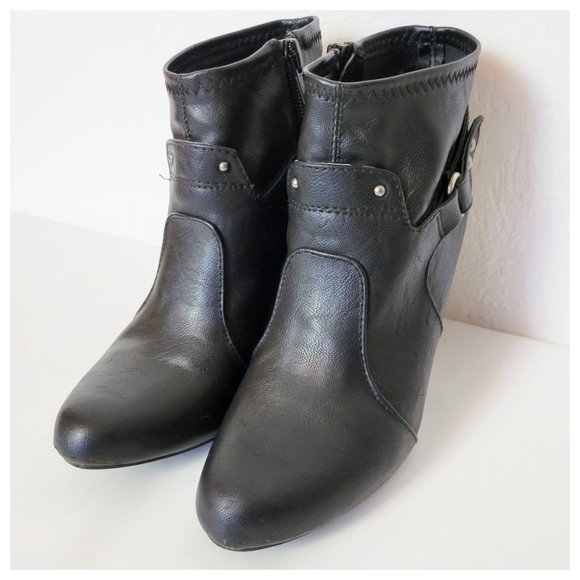 Nickels Ankle Booties Black Vegan Leather High Heel Round Toe Moto Style Boots - Picture 4 of 16